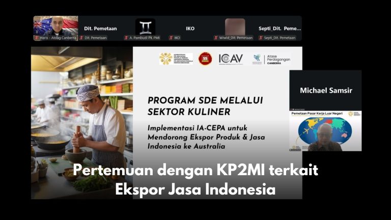 Pertemuan dengan KP2MI terkait Ekspor Jasa Indonesia Pada tanggal 3 Oktober 2025, Atdag Canberra melakukan pertemuan dengan KP2MI, Kementerian Perlindungan Pekerja Migran Indonesia terkait penempatan tenaga kerja melalui skema SDE, Skill Development Exchange di sektor kuliner. Pembahaan lebih lanjut akan dilakukan di TEI 2025, program ini bertujuan mendorong ekspor jasa Indonesia ke Australia.