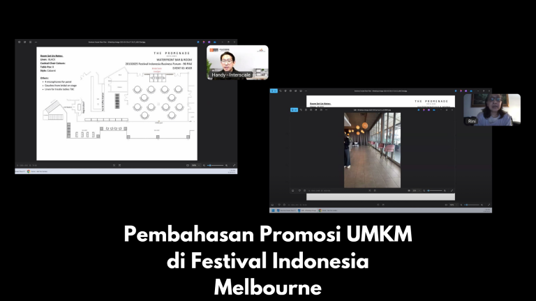 Pembahasan Promosi UMKM di Festival Indonesia Melbourne Atdag Canberra kembali memberikan dukungan terhadap promosi produk UMKM pada ajang Festival Indonesia yang akan diselenggarakan pada tanggal 19–20 Oktober 2025 di Melbourne. Dalam rapat yang dilaksanakan pada 6 Oktober 2025, dibahas mengenai proses onboarding peserta UMKM ke platform www.tasteofindonesia.com.au . Melalui platform ini, diharapkan promosi produk Indonesia dapat terus berlanjut secara berkesinambungan meskipun kegiatan festival telah selesai. Inisiatif ini menjadi bagian dari upaya Atdag Canberra untuk memperkuat eksposur produk UMKM Indonesia di pasar Australia serta menciptakan peluang perdagangan yang lebih luas bagi pelaku usaha Indonesia. Bagi para pelaku UMKM yang ingin berpartisipasi dalam kegiatan promosi ini, informasi lebih lanjut dapat diakses melalui situs www.tanya-atdag.com.au .