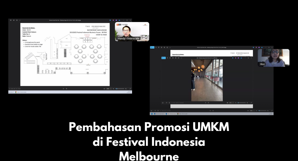 Pembahasan Promosi UMKM di Festival Indonesia Melbourne Atdag Canberra kembali memberikan dukungan terhadap promosi produk UMKM pada ajang Festival Indonesia yang akan diselenggarakan pada tanggal 19–20 Oktober 2025 di Melbourne. Dalam rapat yang dilaksanakan pada 6 Oktober 2025, dibahas mengenai proses onboarding peserta UMKM ke platform www.tasteofindonesia.com.au . Melalui platform ini, diharapkan promosi produk Indonesia dapat terus berlanjut secara berkesinambungan meskipun kegiatan festival telah selesai. Inisiatif ini menjadi bagian dari upaya Atdag Canberra untuk memperkuat eksposur produk UMKM Indonesia di pasar Australia serta menciptakan peluang perdagangan yang lebih luas bagi pelaku usaha Indonesia. Bagi para pelaku UMKM yang ingin berpartisipasi dalam kegiatan promosi ini, informasi lebih lanjut dapat diakses melalui situs www.tanya-atdag.com.au .