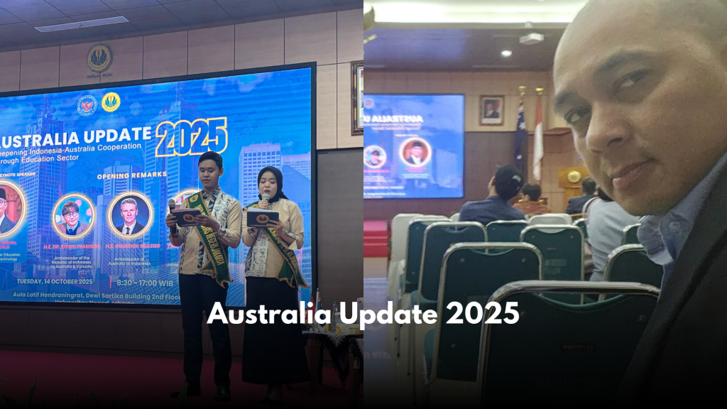Australia Update 2025 di UNJ

Pada tanggal 14 Oktober 2025, Atdag Canberra turut menghadiri 'Australia Update' yang berlangsung di Universitas Negeri Jakarta. Acara ini dibuka secara resmi oleh Duta Besar RI untuk Australia di Canberra dan Duta Besar Australia untuk Indonesia di Jakarta.

Forum kali ini mengangkat tema "Deepening Indonesia-Australia Cooperation Through Education Sector". Fokus utama acara adalah membahas perkembangan dan pendalaman kerja sama pendidikan antara kedua negara.

Beberapa narasumber dari pihak Indonesia maupun Australia hadir untuk memberikan paparan mengenai perkembangan kerja sama pendidikan kedua negara selama beberapa tahun terakhir.

Kehadiran para pemangku kepentingan ini menegaskan komitmen kedua negara untuk terus memperkuat hubungan bilateral di sektor pendidikan.

Bagi para pelaku usaha yang berminat mengikuti program ini, pendaftaran dapat dilakukan secara langsung melalui situs www.tanya-atdag.au ↗.