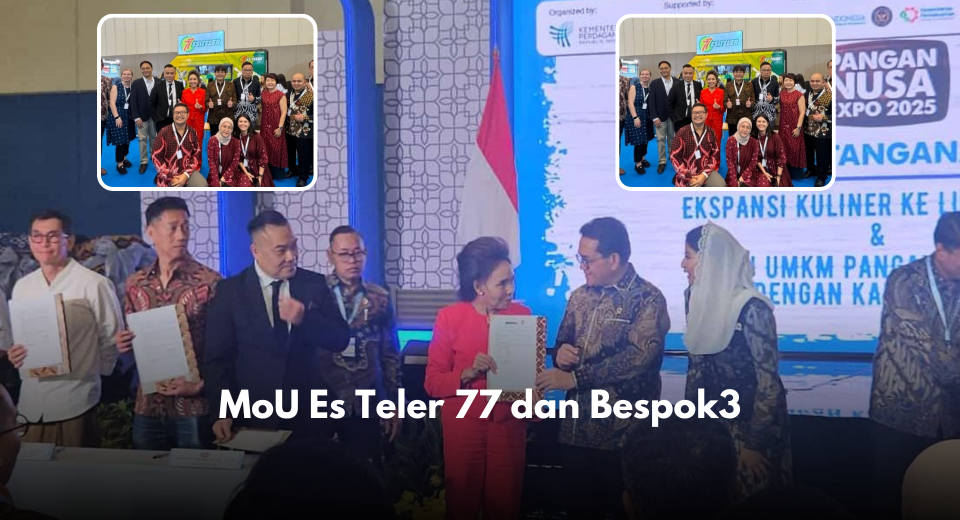 MoU Es Teler 77 dan Bespok3 Alhamdulillah, sejarah baru kembali tercipta. Pada tanggal 15 Oktober 2025, bertepatan dengan pembukaan Pangan Nusa yang menjadi bagian dari Trade Expo Indonesia (TEI) 2025, telah dilakukan penandatanganan Memorandum of Understanding (MoU) antara salah satu brand legendaris Indonesia, Es Teler 77, dengan Bespok3 Australia. Kerja sama ini diinisiasi oleh Atdag Canberra sebagai bagian dari upaya mendorong ekspansi merek kuliner Indonesia di pasar internasional, khususnya di Australia. Ke depan, Atdag Canberra akan terus mengawal proses realisasi kerja sama tersebut agar Es Teler 77 dapat segera hadir dan berkembang lebih besar di Australia dibandingkan sebelumnya. Bagi para pelaku UMKM yang ingin berpartisipasi dalam kegiatan promosi ini, informasi lebih lanjut dapat diakses melalui situs www.tanya-atdag.com.au .