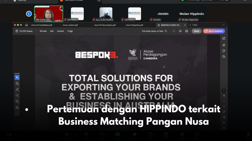 Pada 9 Oktober 2025, Atase Perdagangan (Atdag) Canberra bersama perusahaan Australia, Bespok3, melakukan pertemuan dengan pengurus Himpunan Peritel & Penyewa Pusat Perbelanjaan Indonesia (HIPPINDO). Pertemuan ini menjadi bagian dari rangkaian persiapan kegiatan Business Matching dalam ajang Pangan Nusa 2025.

Bespok3, perusahaan asal Australia, berencana menjalin kerja sama dengan Es Teler 77 untuk memperluas jaringan bisnis dan penetrasi pasar ke Australia. Kolaborasi ini diharapkan dapat memperkenalkan lebih banyak produk kuliner Indonesia ke pasar internasional, khususnya di sektor makanan cepat saji.

Penandatanganan nota kesepahaman (MoU) antara Bespok3 dan Es Teler 77 dijadwalkan akan dilakukan pada acara pembukaan Pangan Nusa pada 15 Oktober 2025. Kerja sama ini menjadi langkah strategis dalam mendorong ekspor produk kuliner Indonesia sekaligus memperkuat citra kuliner nusantara di luar negeri.

Pertemuan tersebut juga mencerminkan komitmen Atdag Canberra dalam memfasilitasi kemitraan bisnis antara pelaku usaha Indonesia dan Australia guna memperluas peluang ekspor dan investasi di sektor pangan.
