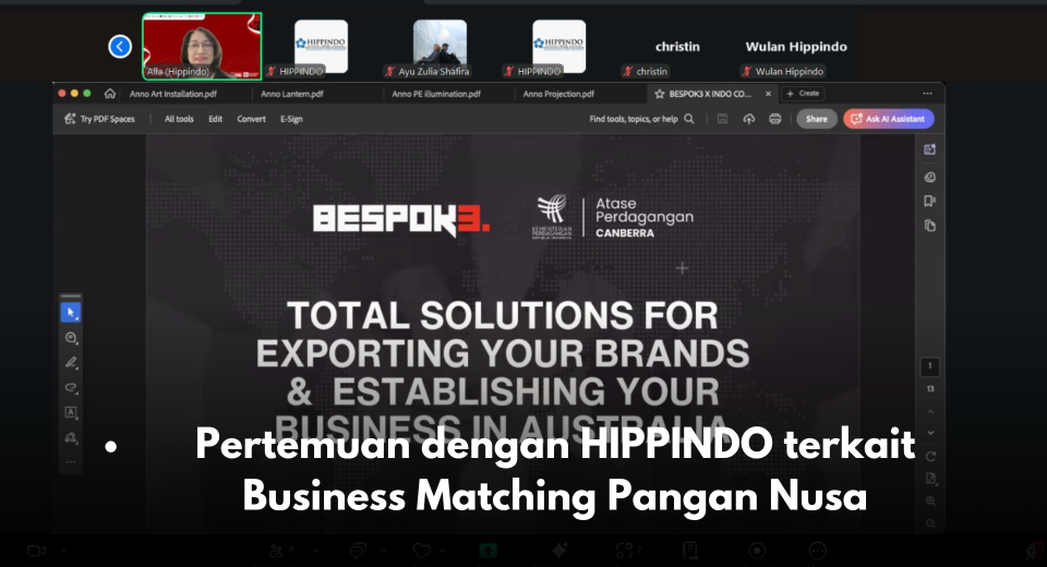 Pada 9 Oktober 2025, Atase Perdagangan (Atdag) Canberra bersama perusahaan Australia, Bespok3, melakukan pertemuan dengan pengurus Himpunan Peritel & Penyewa Pusat Perbelanjaan Indonesia (HIPPINDO). Pertemuan ini menjadi bagian dari rangkaian persiapan kegiatan Business Matching dalam ajang Pangan Nusa 2025. Bespok3, perusahaan asal Australia, berencana menjalin kerja sama dengan Es Teler 77 untuk memperluas jaringan bisnis dan penetrasi pasar ke Australia. Kolaborasi ini diharapkan dapat memperkenalkan lebih banyak produk kuliner Indonesia ke pasar internasional, khususnya di sektor makanan cepat saji. Penandatanganan nota kesepahaman (MoU) antara Bespok3 dan Es Teler 77 dijadwalkan akan dilakukan pada acara pembukaan Pangan Nusa pada 15 Oktober 2025. Kerja sama ini menjadi langkah strategis dalam mendorong ekspor produk kuliner Indonesia sekaligus memperkuat citra kuliner nusantara di luar negeri. Pertemuan tersebut juga mencerminkan komitmen Atdag Canberra dalam memfasilitasi kemitraan bisnis antara pelaku usaha Indonesia dan Australia guna memperluas peluang ekspor dan investasi di sektor pangan.