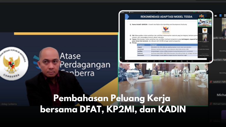 Pada 9 Oktober 2025, telah dilaksanakan pertemuan pembahasan peluang kerja antara perwakilan Department of Foreign Affairs and Trade (DFAT) Australia, Kementerian Pelindungan Pekerja Migran Indonesia (KP2MI), dan Kamar Dagang dan Industri Indonesia (KADIN). Pertemuan ini berlangsung secara hybrid dari kantor KADIN dan dihadiri pula oleh pelaku usaha, Atase Perdagangan (Atdag) Canberra, serta perwakilan KJRI Melbourne. Agenda pertemuan membahas berbagai peluang kerja sama ketenagakerjaan antara Indonesia dan Australia, termasuk penguatan kapasitas tenaga kerja Indonesia untuk memenuhi kebutuhan sektor industri di Australia. Salah satu fokus utama dalam pembahasan ini adalah pengembangan skema Skill Development Exchange (SDE), yang merupakan bagian dari kesepakatan dalam Indonesia–Australia Comprehensive Economic Partnership Agreement (IA-CEPA). Skema ini bertujuan memberikan kesempatan bagi tenaga kerja Indonesia untuk memperoleh pengalaman dan pelatihan di Australia. Pertemuan lanjutan dijadwalkan akan dilakukan pada ajang Trade Expo Indonesia (TEI) 2025 guna membahas langkah konkret implementasi program kerja sama tersebut serta peluang kolaborasi dengan sektor swasta di kedua negara.
