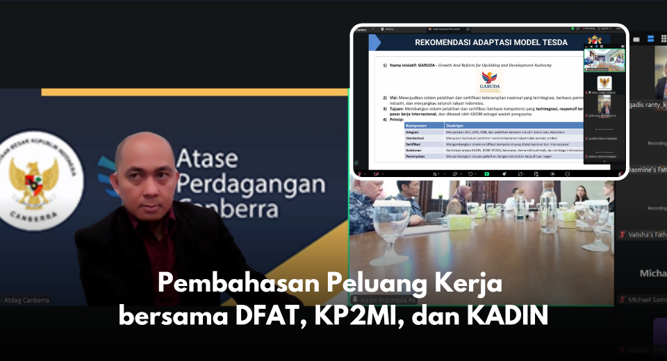 Pada 9 Oktober 2025, telah dilaksanakan pertemuan pembahasan peluang kerja antara perwakilan Department of Foreign Affairs and Trade (DFAT) Australia, Kementerian Pelindungan Pekerja Migran Indonesia (KP2MI), dan Kamar Dagang dan Industri Indonesia (KADIN). Pertemuan ini berlangsung secara hybrid dari kantor KADIN dan dihadiri pula oleh pelaku usaha, Atase Perdagangan (Atdag) Canberra, serta perwakilan KJRI Melbourne. Agenda pertemuan membahas berbagai peluang kerja sama ketenagakerjaan antara Indonesia dan Australia, termasuk penguatan kapasitas tenaga kerja Indonesia untuk memenuhi kebutuhan sektor industri di Australia. Salah satu fokus utama dalam pembahasan ini adalah pengembangan skema Skill Development Exchange (SDE), yang merupakan bagian dari kesepakatan dalam Indonesia–Australia Comprehensive Economic Partnership Agreement (IA-CEPA). Skema ini bertujuan memberikan kesempatan bagi tenaga kerja Indonesia untuk memperoleh pengalaman dan pelatihan di Australia. Pertemuan lanjutan dijadwalkan akan dilakukan pada ajang Trade Expo Indonesia (TEI) 2025 guna membahas langkah konkret implementasi program kerja sama tersebut serta peluang kolaborasi dengan sektor swasta di kedua negara.